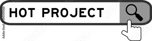 Search banner in word hot project with hand over magnifier icon on white background