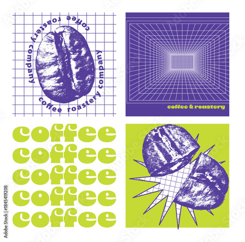 Set of vector graphic posters for coffee packaging design; coffee shop; coffee factory; coffee festival