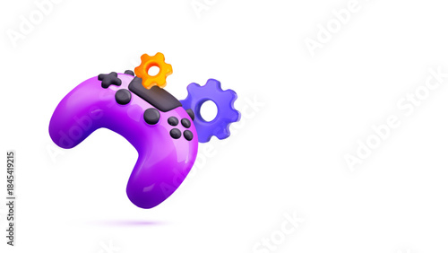 Purple Game Controller Repair And Maintenance With 3D Gear Icon, Highlighting Service, Fixing, And Technical Support In Modern Gaming Design. Vector Illustration.