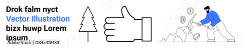 Business growth, economic mining, resource extraction, labor reward, wealth generation, environment. Miner breaking rocks for coins, tree and thumbs-up icons. Business growth and economic mining