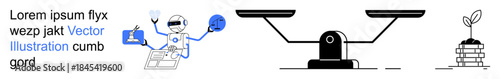 Artificial intelligence, decision-making, sustainability, growth, finance, balance. Robot analyzing data, weighing scales plant growing on coins. Artificial intelligence and decision-making concept