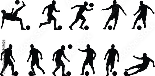 Set of Dynamic Soccer Player Silhouettes Vector Collection, Football Athletes Kicking, Running, and Dribbling in Various Action Poses, Sports Graphics for Team Logos and Posters.
