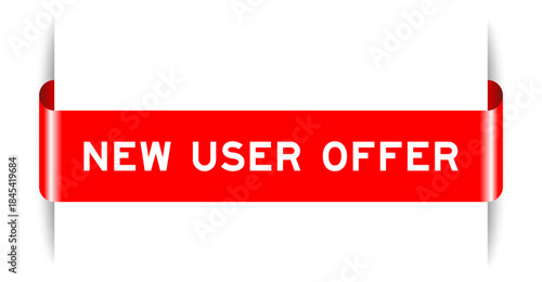 Red color inserted label banner with word new user offer on white background