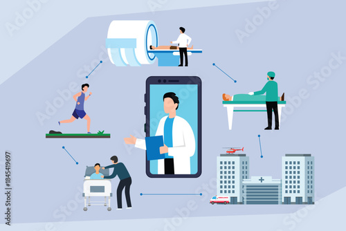 Comprehensive Connected Healthcare Network: Telemedicine, Remote Diagnosis, and Digital Patient Services 2d flat vector illustration