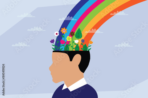 Creativity and Imagination: Positive Mental Health, Ideas Growing from the Mind 2d flat vector illustration