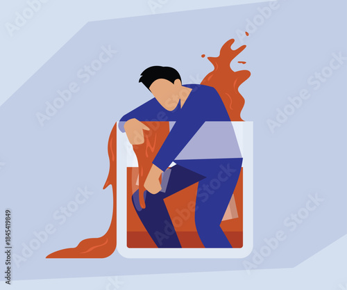 Drowning in Workload or Information: Man Overwhelmed by High Pressure and Consumption 2d flat vector illustration