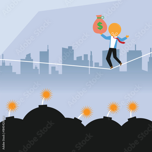 High-Risk Investment: Entrepreneur Tightrope Walk over Financial Bombs 2d flat vector illustration