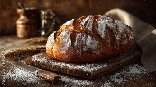 A rustic loaf of freshly baked bread sits on a wooden board, dusted with flour. The scene evokes warmth and the comforting aroma of a bakery