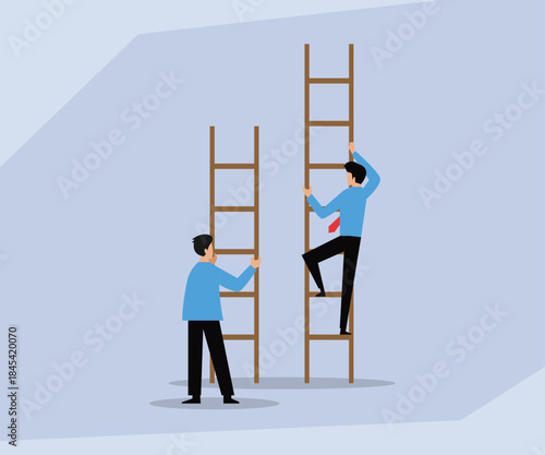 Unequal Opportunity or Ambition: Businessmen Climbing Ladders of Different Heights 2d flat vector illustration