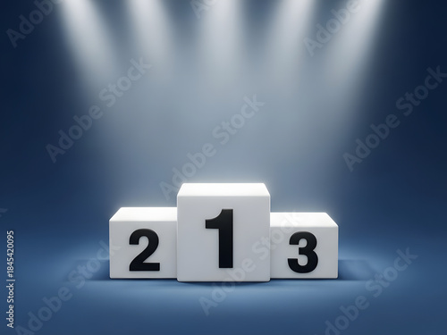 Empty white winners podium with numbers one two and three illuminated by spotlights