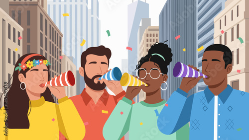 Diverse group of friends celebrating with party horns and confetti in a city street.