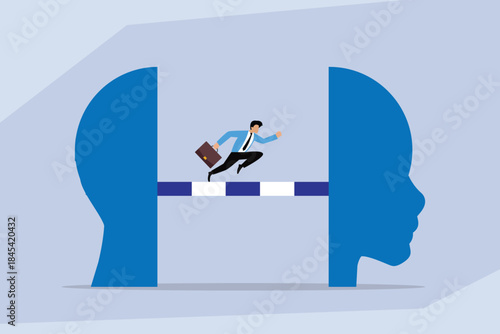 Overcoming Mental Barriers: Businessman Leaping Hurdle Inside a Head Silhouette 2d flat vector illustration