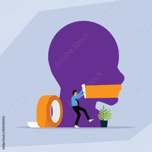 Censorship and Suppressing Free Speech: Imposing Silence on Communication 2d flat vector illustration
