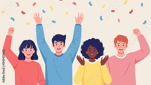 A diverse group of four young adults celebrating with their hands raised and confetti falling around them.