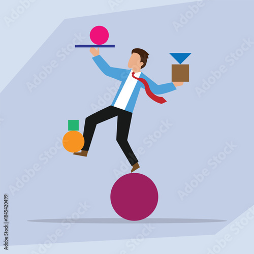 Work-Life Balance and Multitasking: Businessman Managing Complexity and Instability 2d flat vector illustration