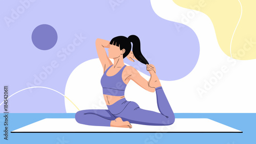 A woman in athletic wear performs a yoga pose on a mat, demonstrating flexibility and mindfulness.