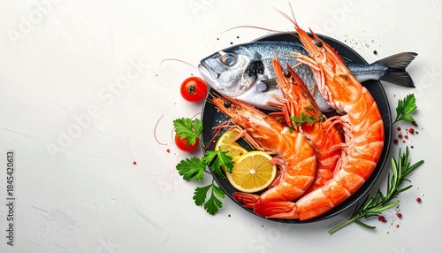 A tempting platter of fresh seafood, including a whole fish, succulent prawns, and vibrant garnishes, artfully arranged for a delicious meal