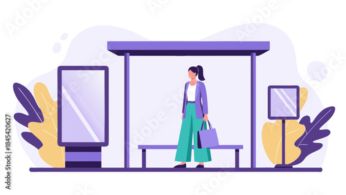 A woman stands at a bus stop with a large bag, waiting for transportation.