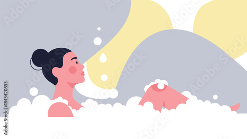 A woman relaxing in a bubble bath with soft yellow light illuminating the scene.