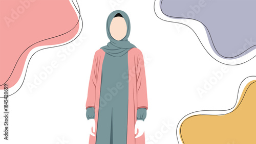 A minimalist illustration of a woman wearing a hijab and a modest outfit, set against a white background with abstract colorful shapes.