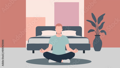 A man meditates in a lotus position on a rug in front of a bed in a bedroom.