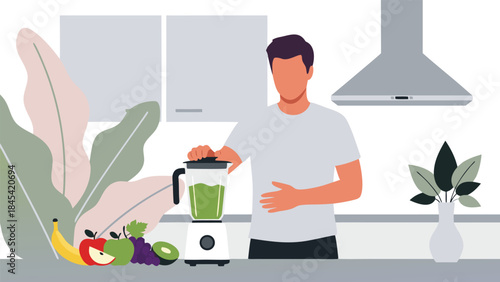 A man is making a healthy green smoothie in a blender with fresh fruits on the counter.