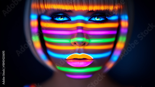 Close-up portrait of woman with glowing neon stripes on face, colorful futuristic fashion look in dark background