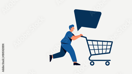 A man in blue clothing pushing a shopping cart with a speech bubble above him.