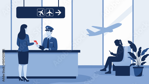 A woman presents her passport to a uniformed officer at an airport check-in counter, with a plane visible outside the window.
