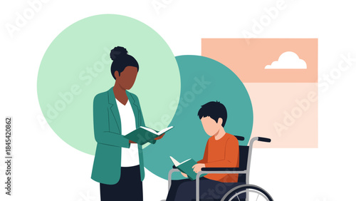 A teacher reads a book to a student in a wheelchair, symbolizing education and inclusivity.