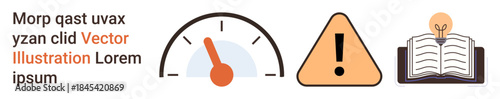 Education, warnings, productivity, safety, innovation, speed. Speedometer, warning sign book with lightbulb. Productivity and warnings with engaging conceptual icons