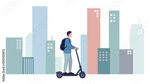 A young man with a backpack rides an electric scooter through a stylized cityscape with tall buildings.