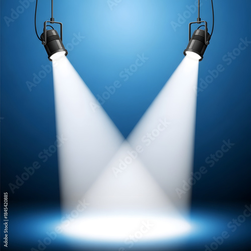 Two spotlights shining bright white beams on a blue stage background