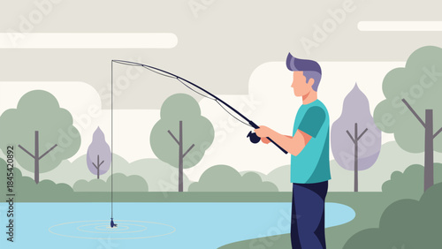 A man fishing with a rod and reel by the calm waters of a lake surrounded by trees.