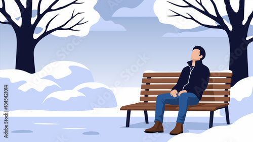 A man sits alone on a park bench in a serene winter landscape, enjoying the peaceful snowfall.