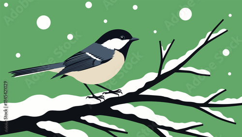 A charming illustration of a black-capped chickadee perched on a snow-covered branch during a gentle snowfall.