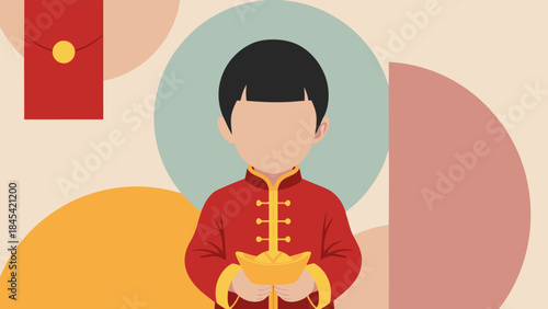 A young boy in traditional Chinese attire holds a golden ingot, symbolizing prosperity and good fortune during Chinese New Year celebrations.
