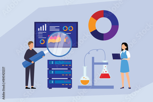 Data Science and Research Analysis: Scientific Testing and Server Data Inspection 2d flat vector illustration