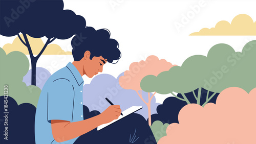 A young man with curly dark hair sits outdoors, focused on writing or drawing in a notebook.