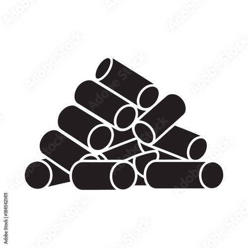 A simple black and white illustration of a stacked pile of cylindrical logs