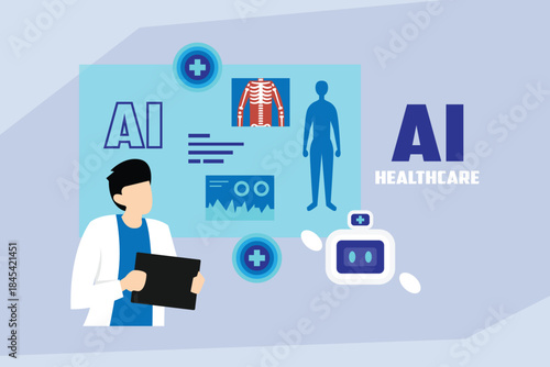 Artificial Intelligence (AI) in Healthcare: Doctor Utilizing Medical Robotics and Data Analysis 2d flat vector illustration