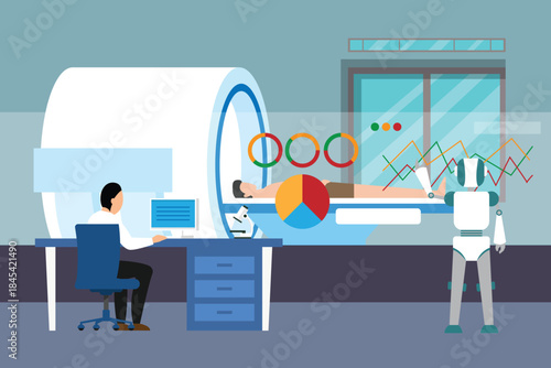Medical Imaging and AI Diagnosis: Doctor and Robot Analyzing Patient Data in Scanner 2d flat vector illustration