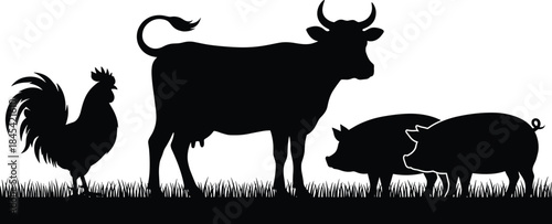 Farm animal silhouettes featuring cow pigs and rooster standing on grassy pasture flat vector illustration for agriculture branding design use