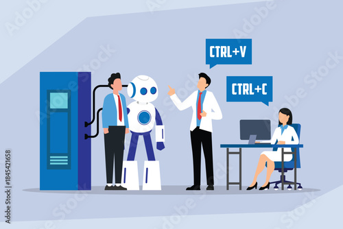 Automation and Robot Integration: Digital Copy/Paste Operations and Workflow Efficiency 2d flat vector illustration