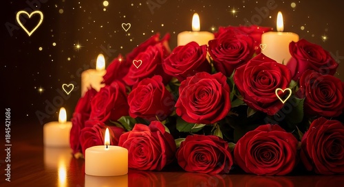Romantic arrangement of red roses and glowing candles with heart bokeh