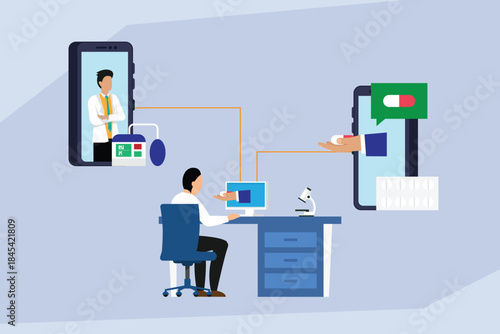 Digital Prescription and Remote Diagnosis: Telemedicine Consultation and Online Pharmacy 2d flat vector illustration