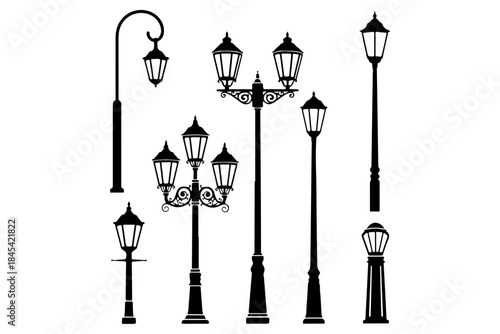 Vector silhouette set of antique black iron street lamps, lanterns, and lampposts for city lighting design and urban architecture