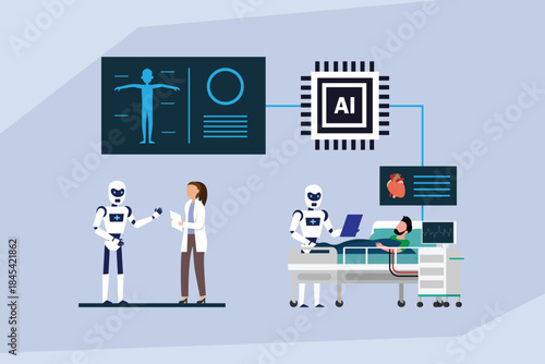 AI and Medical Robotics in Healthcare: Advanced Patient Monitoring and Digital Diagnosis 2d flat vector illustration