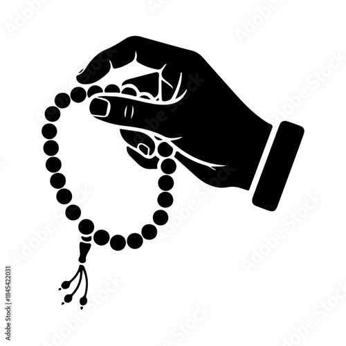 Black vector icon of a hand holding tasbih or prayer beads, thumb pressing next bead, Islamic dhikr or zikr symbol on white background