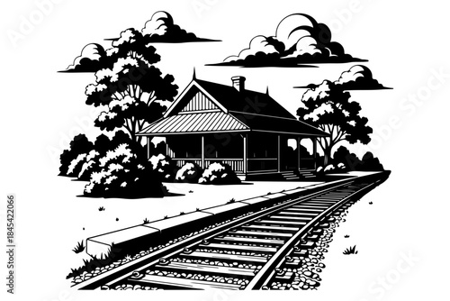 Black and white illustration of a historic train station with railway tracks leading towards it under a cloudy sky, evoking a sense of nostalgia and travel